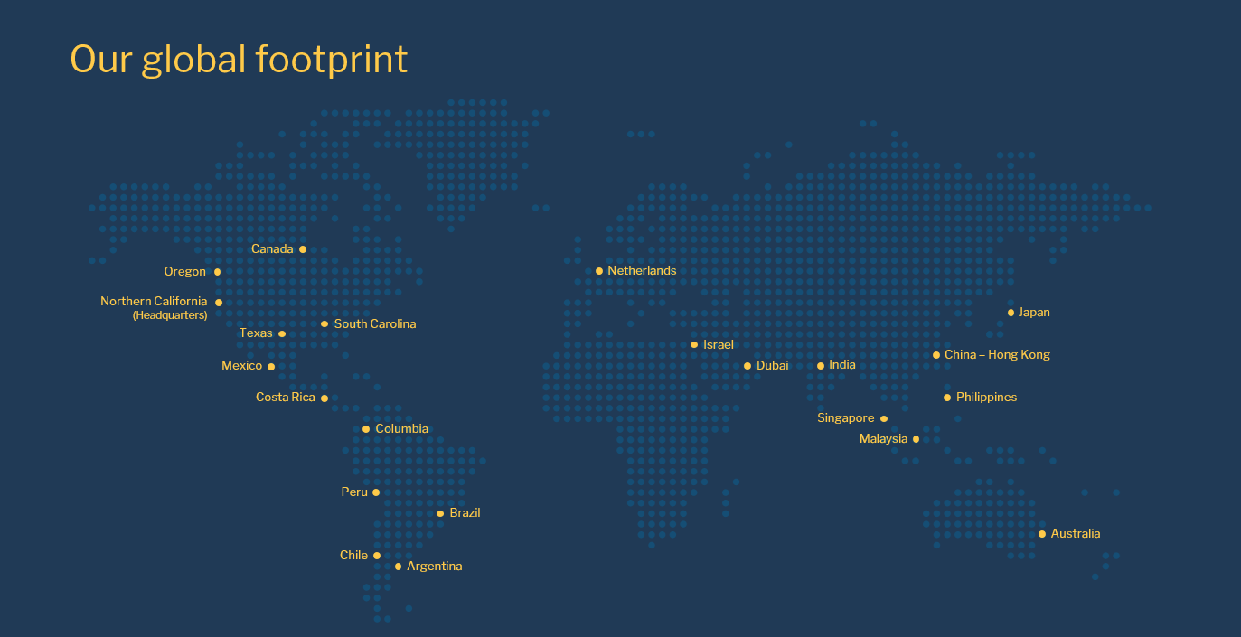 Our global footprint — world map showing AER Worldwide locations across North America, South America, Europe, Middle East, Asia, and Australia